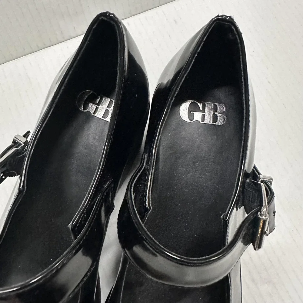 GB Mary Jane‎ Platform Heel Shoes Womens 8.5 Shiny Black Block Lug Sole Y2K